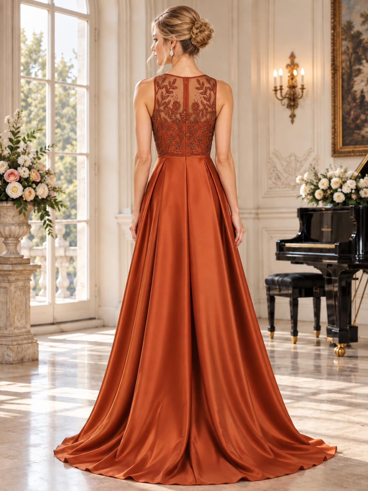Back view of an elegant faux silk mother of the bride dress featuring a sheer floral lace and beaded back bodice, concealed center-back zipper, defined waist and full floor-length A-line skirt.