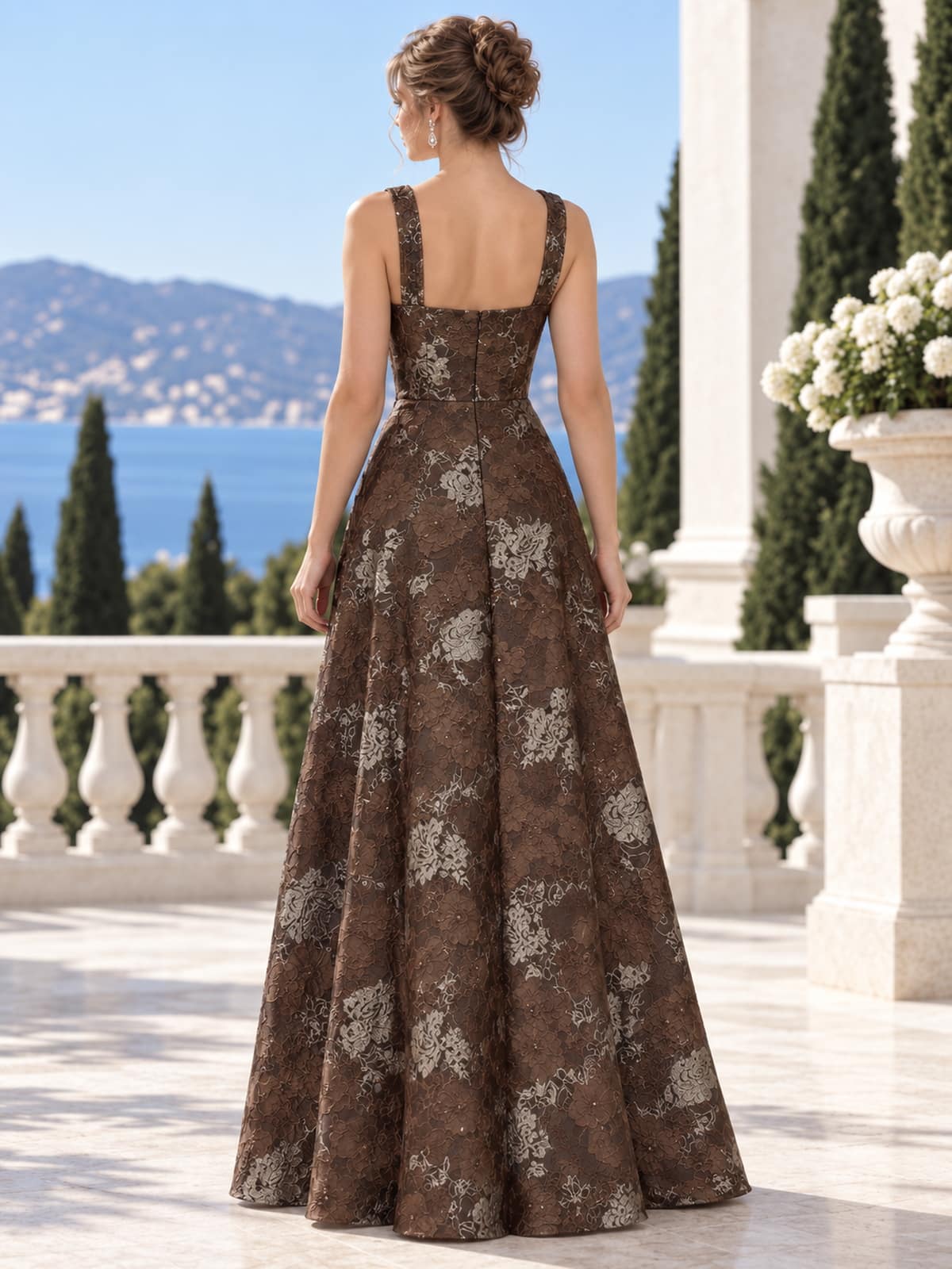 Jacquard Satin A-Line Scoop Neck Floor-Length Evening Dress with Beaded Neckline (VET-MOM-0250)