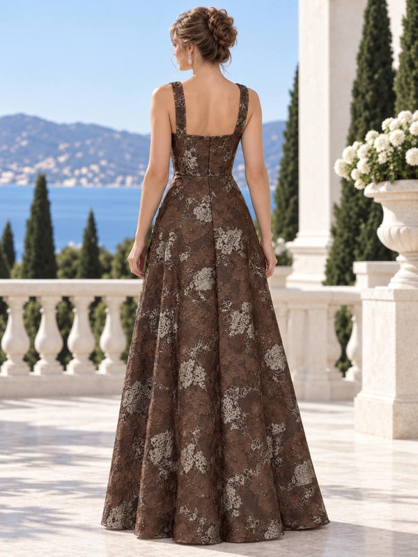 Jacquard Satin A-Line Scoop Neck Floor-Length Evening Dress with Beaded Neckline (VET-MOM-0250)