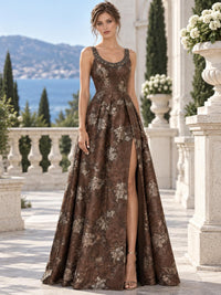 Jacquard Satin A-Line Scoop Neck Floor-Length Evening Dress with Beaded Neckline (VET-MOM-0250)