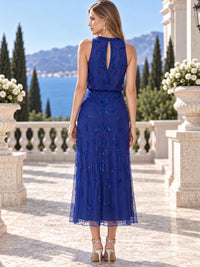 Beaded Embroidered Lace A-Line Jewel Neck Tea-Length Evening Dress with Keyhole Back (VET-MOM-0252)
