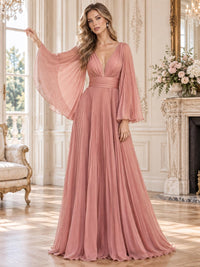 Front view of an elegant pleated chiffon mother of the bride dress featuring a deep V-neckline, flowing cape sleeves, wide pleated waistband and a full floor-length A-line skirt with fine vertical pleating.