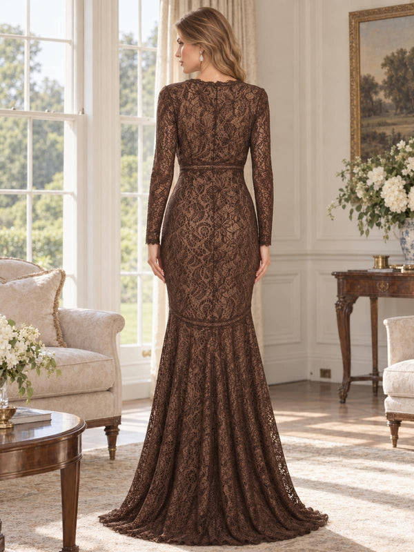 Back view of an elegant floral lace mother of the bride dress featuring fitted long lace sleeves, all-over floral lace detailing, a defined waist and a fitted mermaid silhouette flowing into a floor-length flared hem.