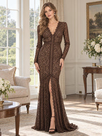 Front view of an elegant floral lace mother of the bride dress featuring a deep V-neckline, fitted long lace sleeves, defined waist, mermaid silhouette and front slit with a floor-length flared hem.
