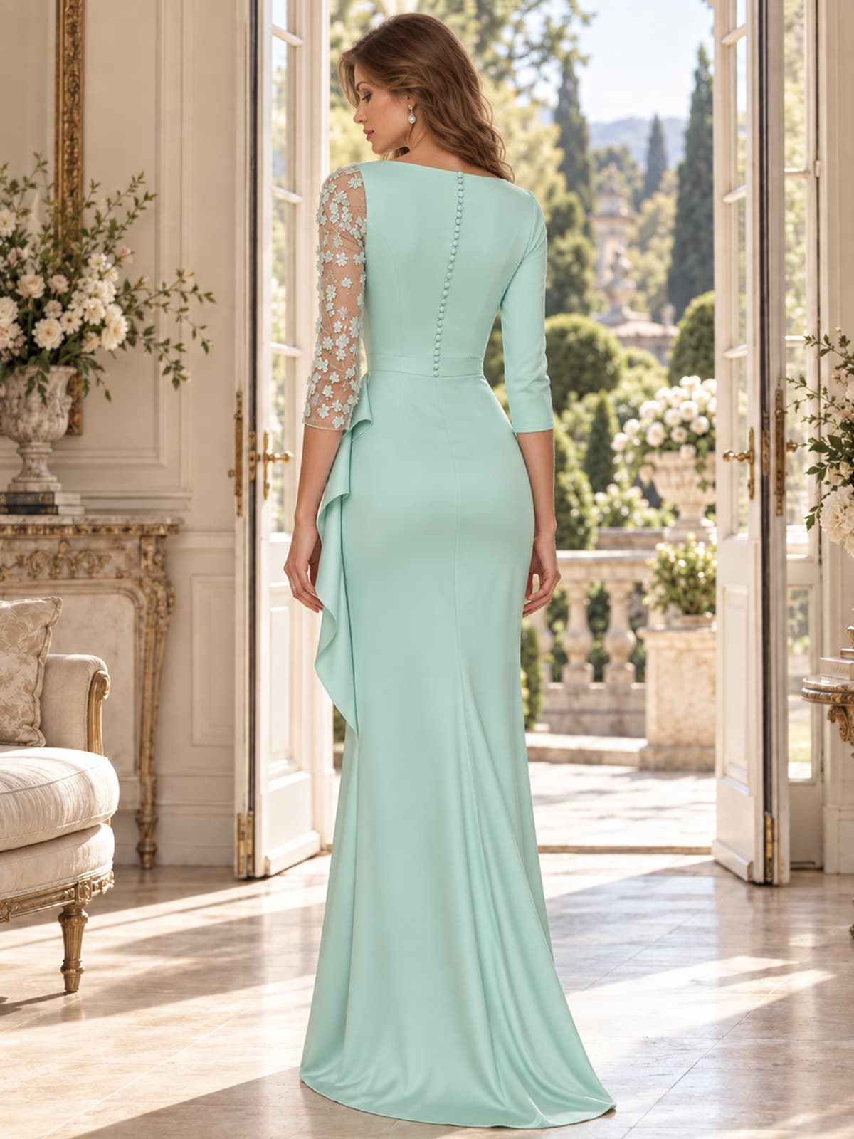 Back view of an elegant satin mother of the bride dress featuring an asymmetric three-quarter sleeve design, sheer floral lace appliqué sleeve, clean bateau back neckline, covered button detailing down the upper center back, fitted waist, cascading side ruffle and a sleek floor-length sheath silhouette.