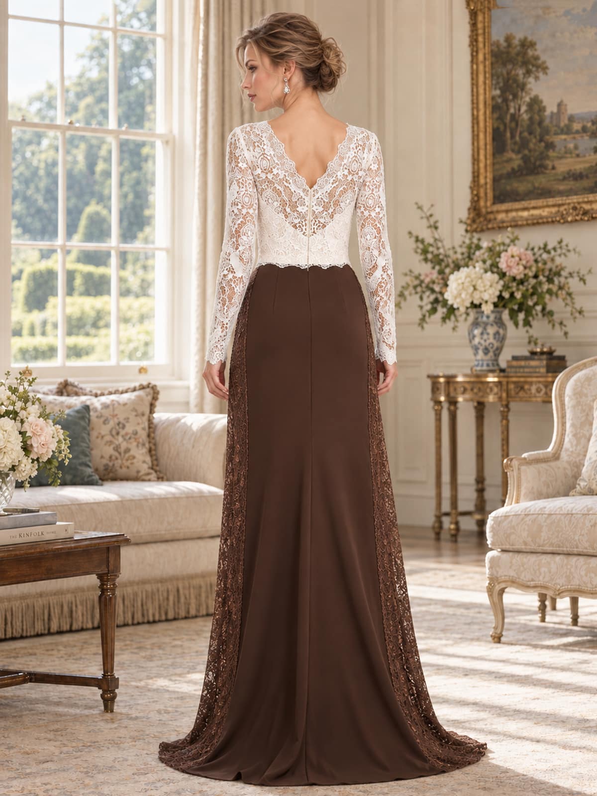 Back view of an elegant chiffon mother of the bride dress featuring a softly shaped V-back, sheer floral lace long sleeves, fitted lace bodice, clean center-back closure and contrasting floral lace panels extending along both sides of the floor-length chiffon skirt.