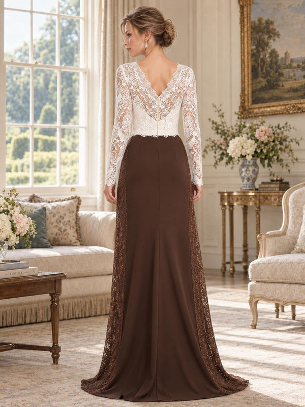 Back view of an elegant chiffon mother of the bride dress featuring a softly shaped V-back, sheer floral lace long sleeves, fitted lace bodice, clean center-back closure and contrasting floral lace panels extending along both sides of the floor-length chiffon skirt.