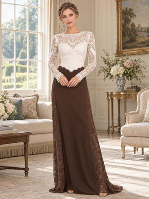 Front view of an elegant chiffon mother of the bride dress featuring an intricate white floral lace bodice, illusion neckline, sweetheart lining, sheer long lace sleeves, fitted sheath silhouette and contrasting floral lace side panels extending along the floor-length skirt.