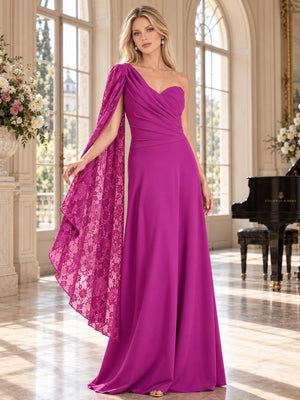 Front view of an elegant chiffon mother of the bride dress featuring an asymmetric one-shoulder neckline, softly draped bodice, ruched fitted waist, flowing A-line floor-length skirt and a cascading floral lace cape extending from the shoulder.