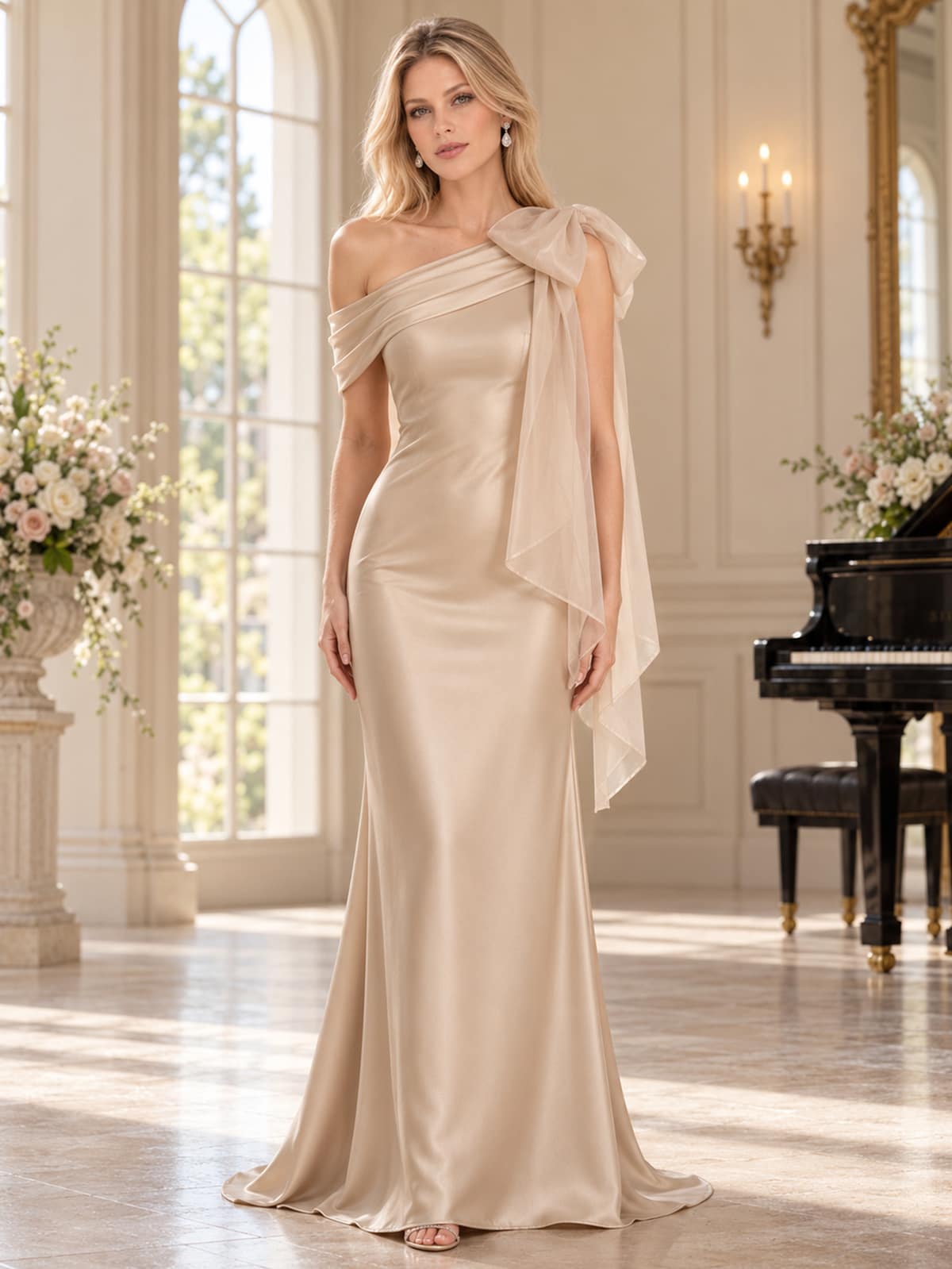 Front view of an elegant faux silk mother of the bride dress featuring a fitted sheath silhouette, asymmetric draped neckline, statement organza shoulder bow, long cascading shoulder drape and graceful floor-length skirt.