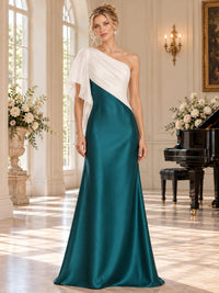 Front view of an elegant satin mother of the bride dress featuring a one-shoulder neckline, contrasting pleated chiffon overlay, asymmetric cascading sleeve, fitted bodice and graceful floor-length A-line skirt.