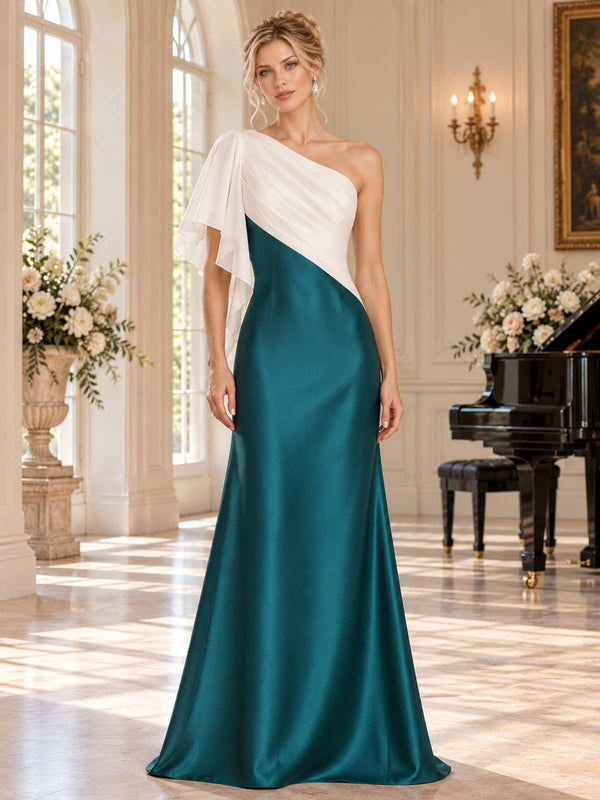 Front view of an elegant satin mother of the bride dress featuring a one-shoulder neckline, contrasting pleated chiffon overlay, asymmetric cascading sleeve, fitted bodice and graceful floor-length A-line skirt.