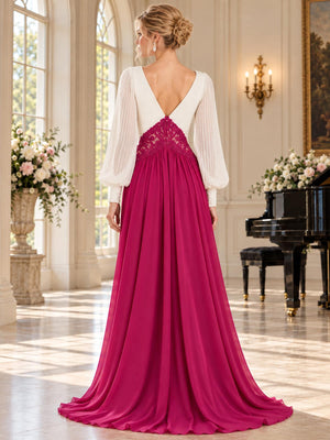 Back view of an elegant chiffon mother of the bride dress featuring a deep V-back, sheer long bishop sleeves, contrasting floral lace waist panel, center-back zipper and a flowing floor-length A-line chiffon skirt.