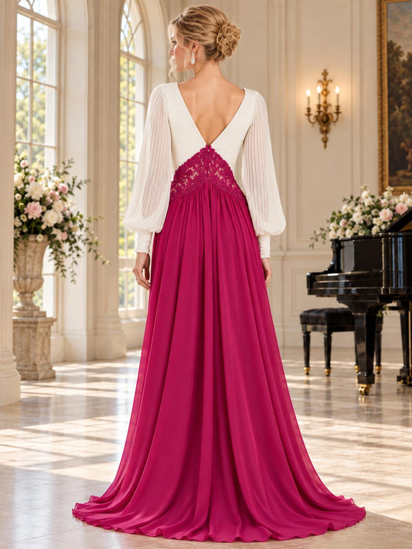 Back view of an elegant chiffon mother of the bride dress featuring a deep V-back, sheer long bishop sleeves, contrasting floral lace waist panel, center-back zipper and a flowing floor-length A-line chiffon skirt.