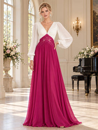 Front view of an elegant chiffon mother of the bride dress featuring a pleated V-neck bodice, sheer long bishop sleeves with fitted cuffs, contrasting floral lace waist panel and a flowing floor-length A-line chiffon skirt.