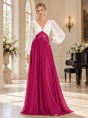 Front view of an elegant chiffon mother of the bride dress featuring a pleated V-neck bodice, sheer long bishop sleeves with fitted cuffs, contrasting floral lace waist panel and a flowing floor-length A-line chiffon skirt.