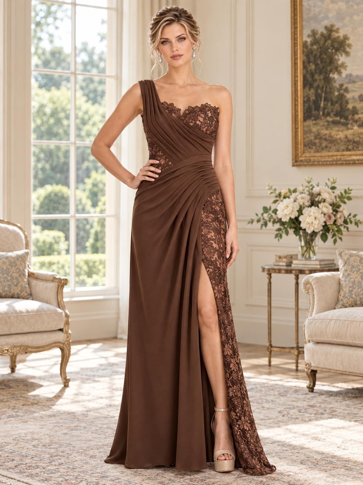 Front view of an elegant chiffon and floral lace mother of the bride dress featuring an asymmetrical one-shoulder neckline, pleated draped bodice, floral lace paneling, defined draped waist, high front slit with lace inset and floor-length A-line skirt.