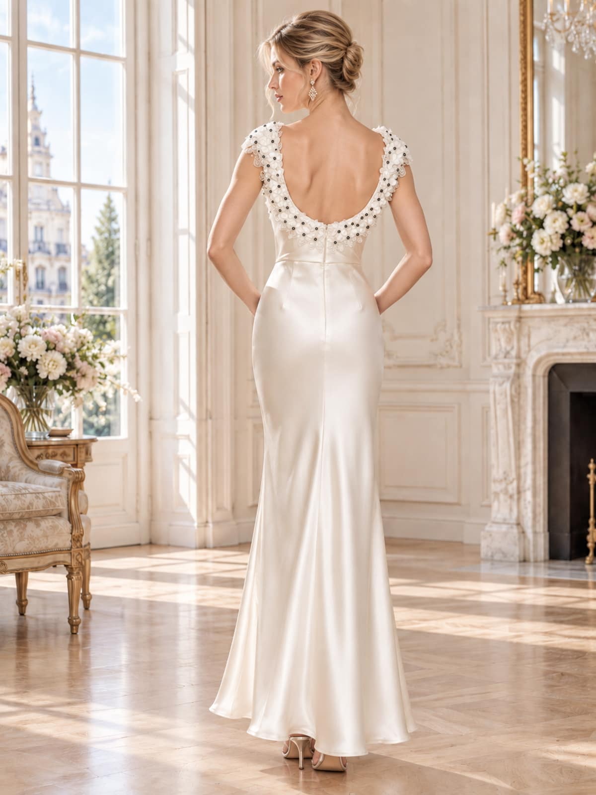 Back view of an elegant ivory faux silk mother of the bride dress featuring a deep scoop back surrounded by dimensional 3D floral appliqués, delicate bead accents, concealed center-back zipper and a smooth floor-length sheath skirt.