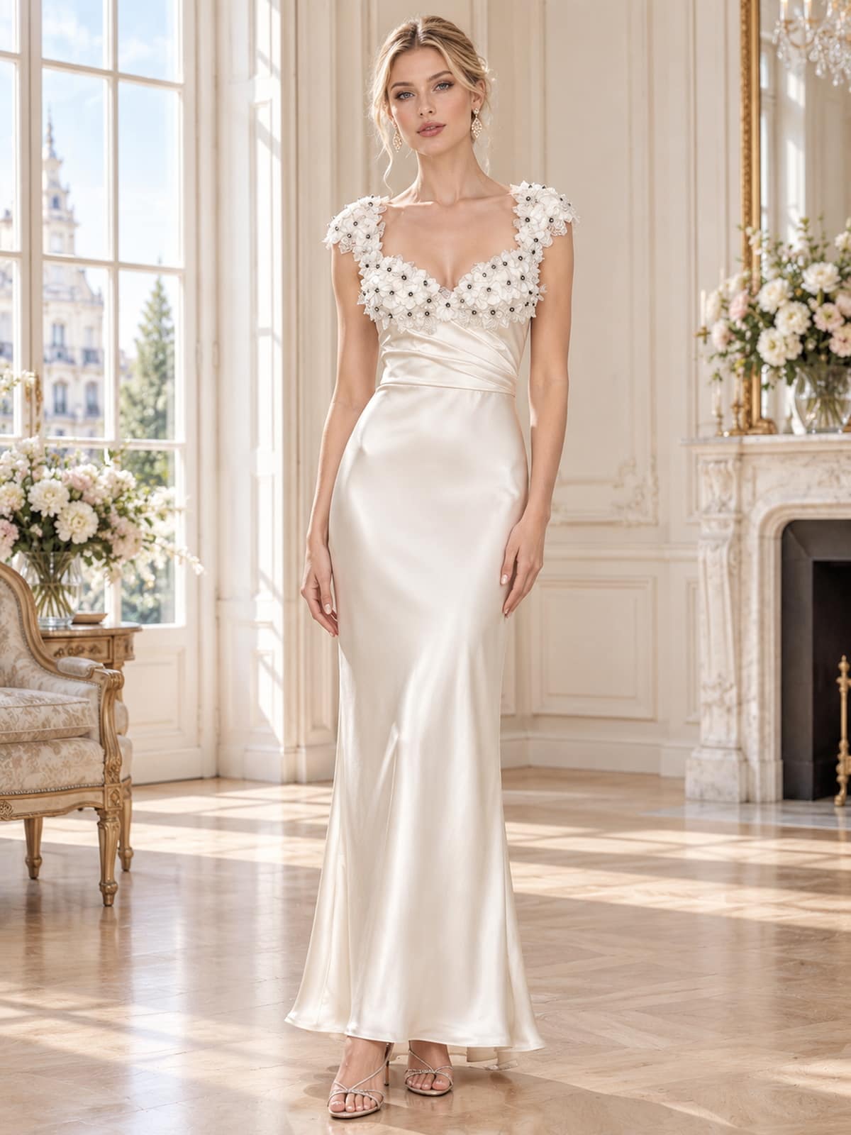 Front view of an elegant ivory faux silk mother of the bride dress featuring a V-neckline framed with dimensional 3D floral appliqués and delicate bead accents, sleeveless shoulders, softly pleated waist and a fitted floor-length sheath silhouette.