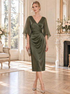 Front view of an elegant olive green faux silk mother of the bride dress featuring a V-neck wrap bodice, soft diagonal pleating, defined waist, draped hip detail, sheer chiffon flutter sleeves and a fitted tea-length sheath silhouette.