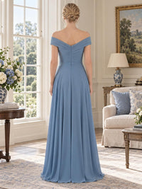 Back view of a dusty blue chiffon mother of the bride dress featuring an off-the-shoulder V-back neckline, finely pleated bodice, concealed center-back zipper, defined waist and flowing floor-length A-line chiffon skirt.