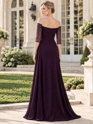 Back view of a plum chiffon mother of the bride dress featuring a straight back neckline, sheer three-quarter lace sleeves, concealed center-back zipper and flowing floor-length A-line chiffon skirt.