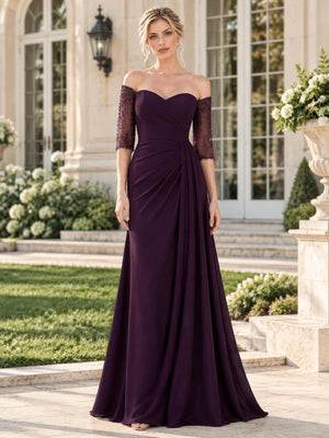 Front view of a plum chiffon mother of the bride dress featuring a sweetheart neckline, sheer three-quarter lace sleeves, diagonally ruched bodice, draped waist detail and flowing floor-length A-line skirt.