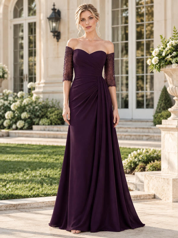 Front view of a plum chiffon mother of the bride dress featuring a sweetheart neckline, sheer three-quarter lace sleeves, diagonally ruched bodice, draped waist detail and flowing floor-length A-line skirt.