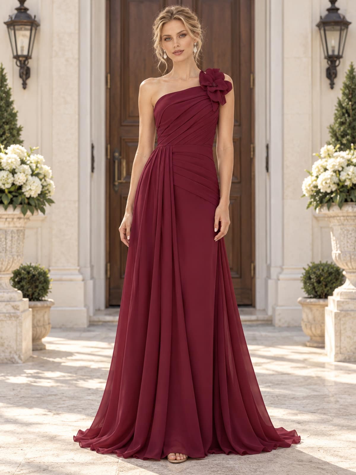 Front view of a burgundy chiffon mother of the bride dress featuring an asymmetric one-shoulder neckline, statement 3D floral shoulder embellishment, diagonally ruched bodice, draped waist and flowing floor-length A-line skirt.