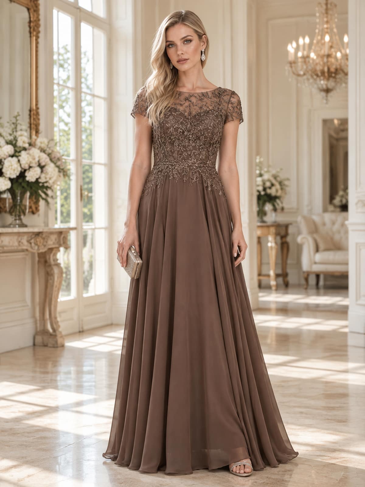 Front view of a floor-length mother of the bride dress featuring an embellished floral lace bodice, sheer illusion neckline, delicate cap sleeves, bead and embroidery detailing, defined natural waist and flowing chiffon A-line skirt.
