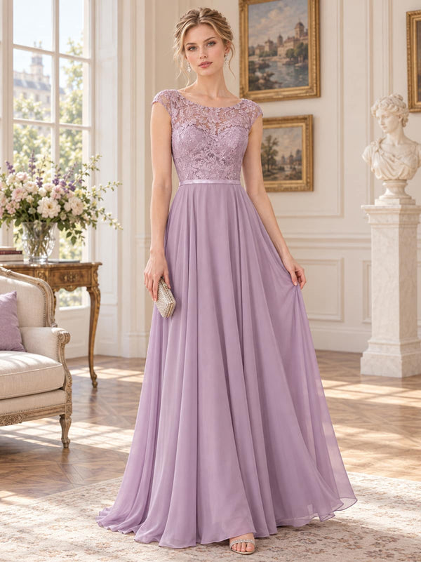 Front view of a dusty lavender mother of the bride dress featuring a floral lace bodice, sheer bateau neckline, delicate cap sleeves, slim satin waistband and flowing floor-length A-line chiffon skirt.
