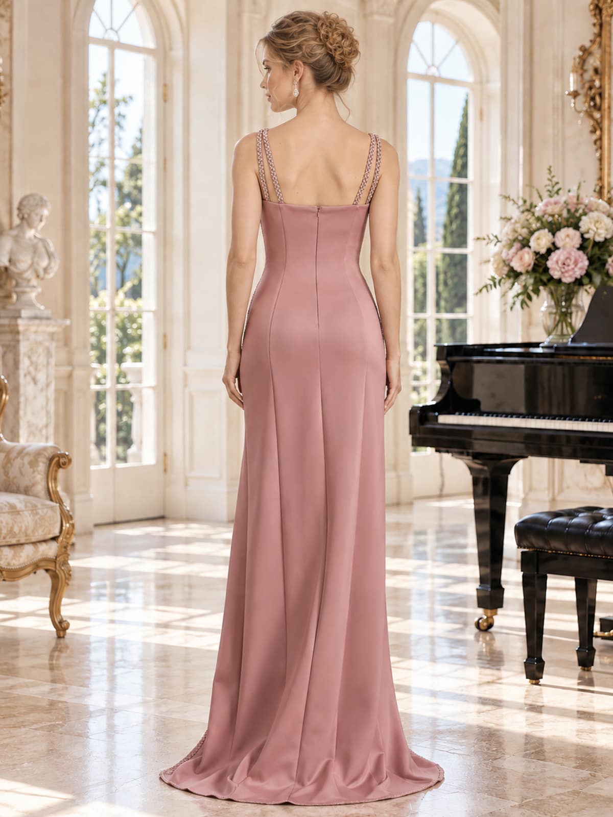 Back view of a dusty rose satin mother of the bride dress featuring delicate beaded double straps, a straight-back bodice, fitted sheath silhouette and center-back invisible zipper.