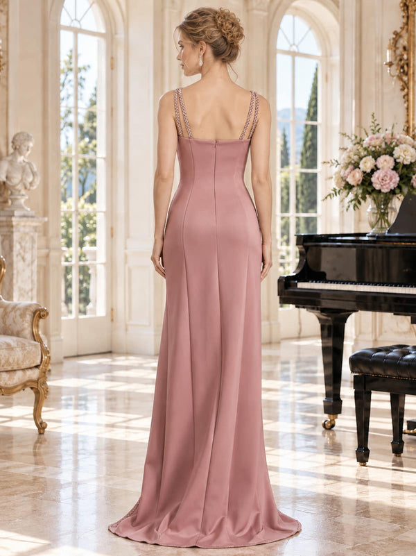 Back view of a dusty rose satin mother of the bride dress featuring delicate beaded double straps, a straight-back bodice, fitted sheath silhouette and center-back invisible zipper.