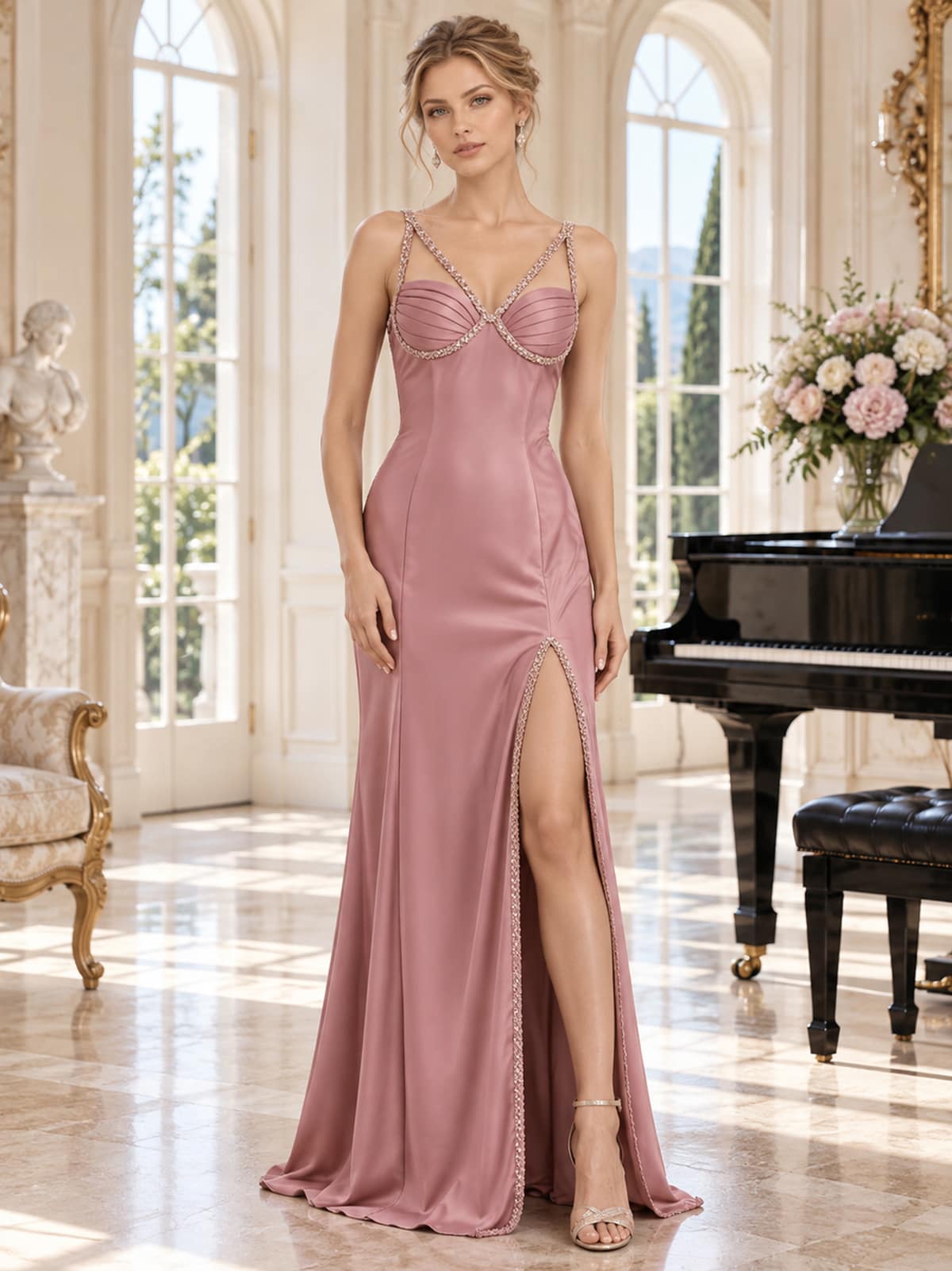 Front view of a dusty rose satin mother of the bride dress featuring a sweetheart neckline, pleated bust, beaded double straps, fitted sheath silhouette and a beaded high front slit.