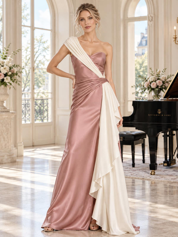 Front view of a dusty rose and ivory two-tone satin mother of the bride dress featuring an asymmetric one-shoulder contrast drape, sweetheart bodice, ruched waist and cascading ivory side panel with a floor-length sheath silhouette.