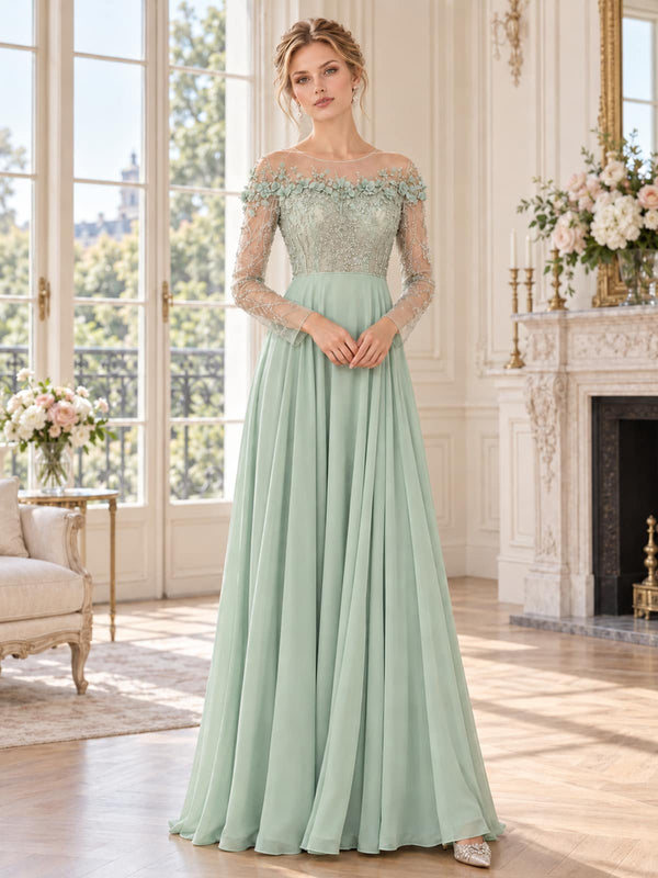 Front view of a sage green lace and chiffon mother of the bride dress featuring an illusion bateau neckline, sheer embellished long sleeves, delicate 3D floral appliqués, beaded lace bodice and flowing floor-length A-line chiffon skirt.