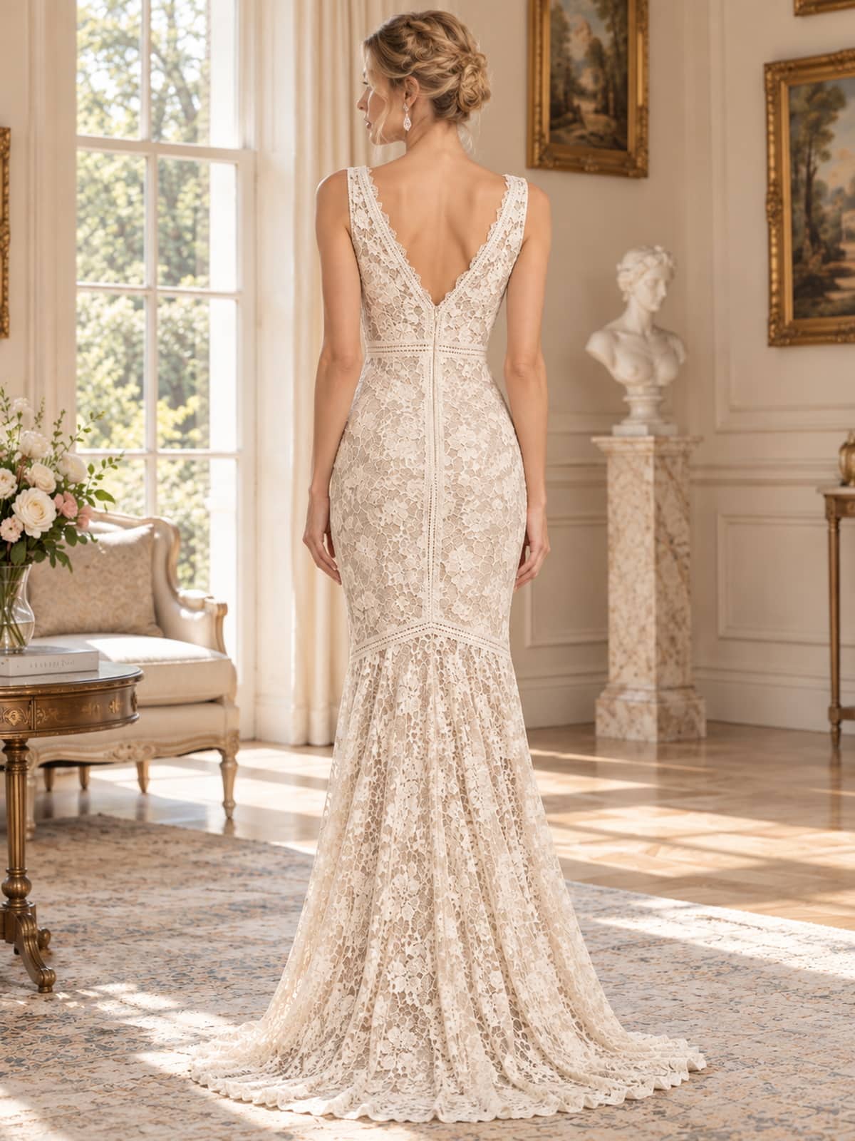 Back view of an ivory floral lace mother of the bride evening dress featuring a deep V-back, sleeveless fitted bodice, defined lace waist, fitted hips and softly flared floor-length mermaid skirt.