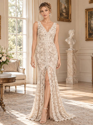 Front view of an ivory floral lace mother of the bride evening dress featuring a sleeveless V-neck bodice, scalloped lace edging, defined waist, fitted mermaid silhouette and dramatic front slit with a floor-length flared hem.