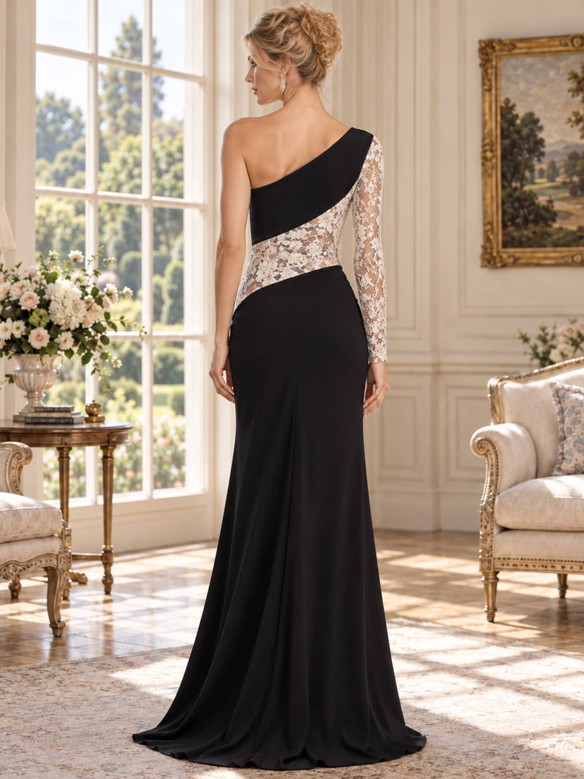 Back view of a black and ivory lace satin mother of the bride evening dress featuring an asymmetric one-shoulder design, single sheer floral lace long sleeve, diagonal floral lace back panel and fitted floor-length sheath skirt.
