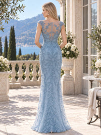 Floral embroidered lace mermaid mother of the bride dress with sheer embroidered back and concealed center-back zipper, back view.