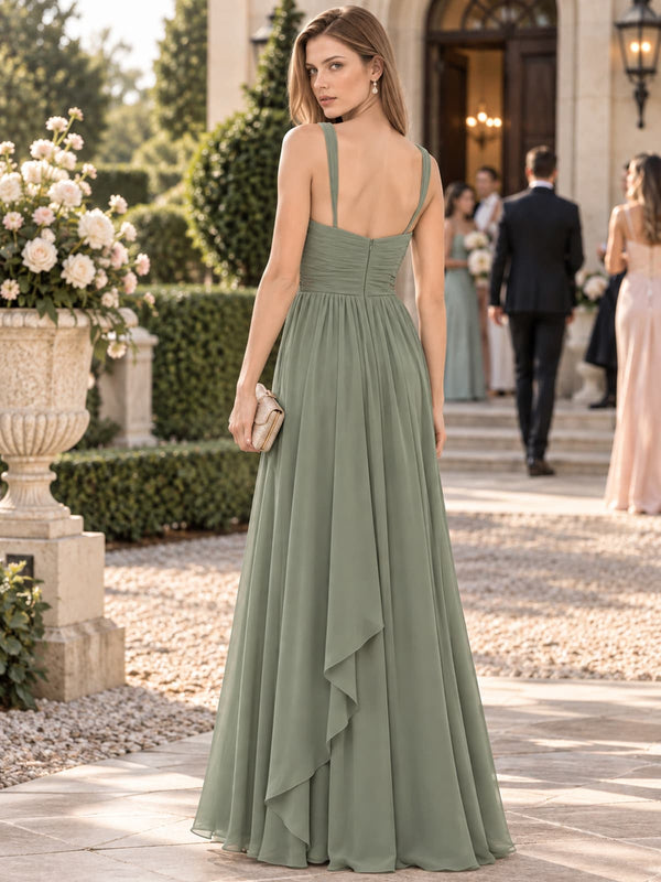 Chiffon A-line mother of the bride dress with wide straps, ruched bodice, scoop back and concealed center-back zipper, back view.