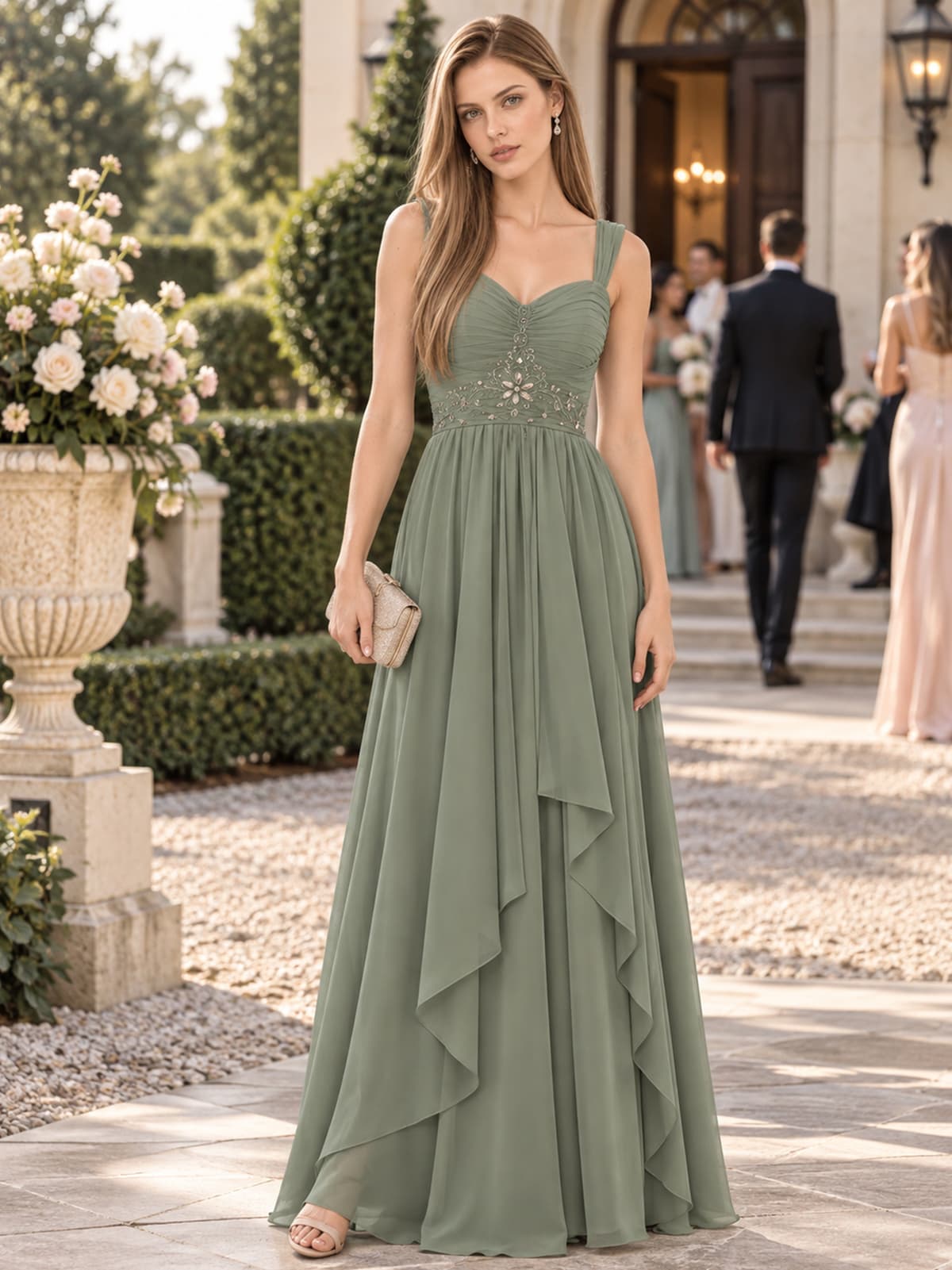 Chiffon A-line mother of the bride floor-length evening dress with sweetheart neckline, beaded waist detail and cascading drapes, front view.