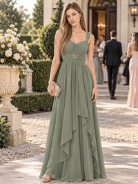 Chiffon A-line mother of the bride floor-length evening dress with sweetheart neckline, beaded waist detail and cascading drapes, front view.