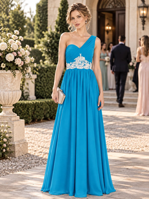 Chiffon A-line mother of the bride floor-length evening dress with one-shoulder neckline and lace waist applique, front view.