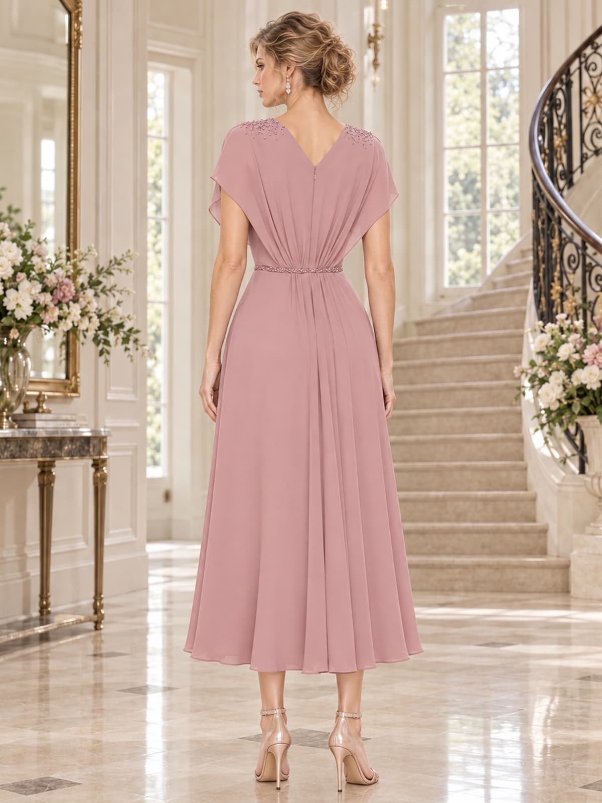 Chiffon A-line mother of the bride midi dress with cape sleeves, beaded shoulders and deep V-back, back view.
