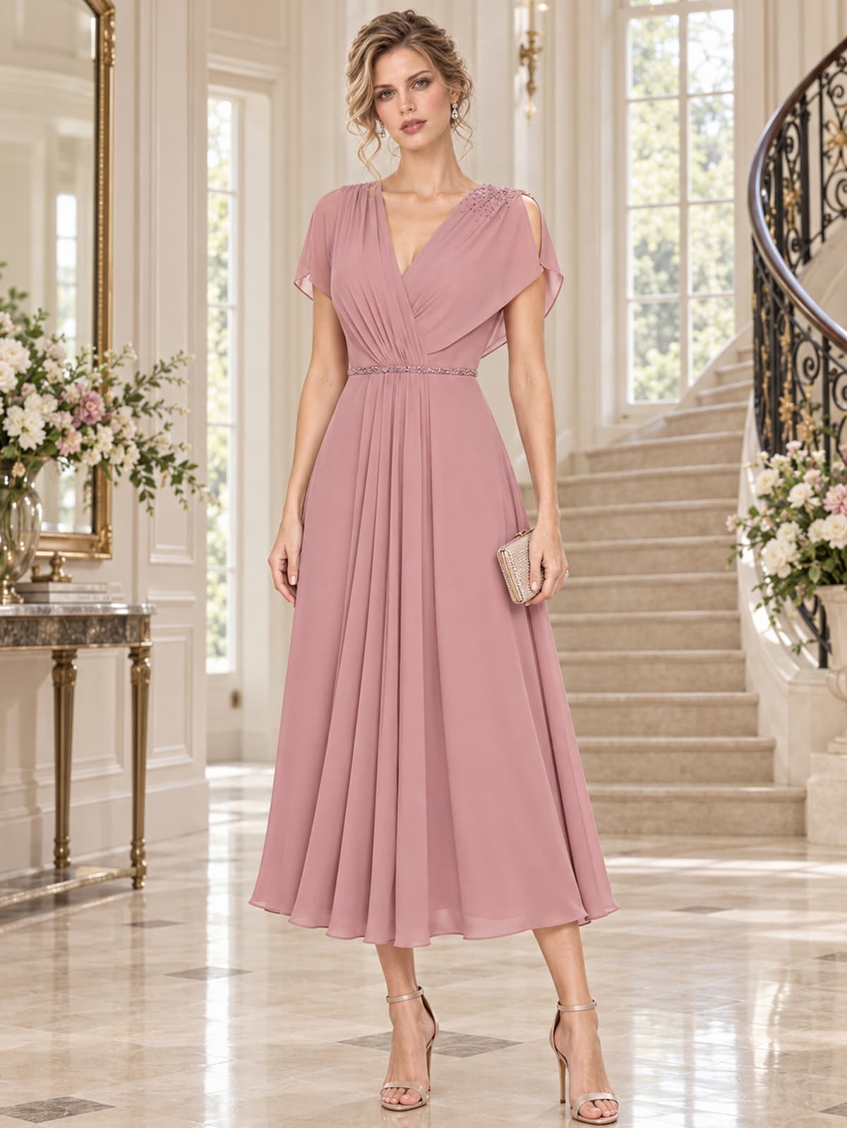 Chiffon A-line mother of the bride midi evening dress with V-neckline, cape sleeves and beaded waist detail, front view.