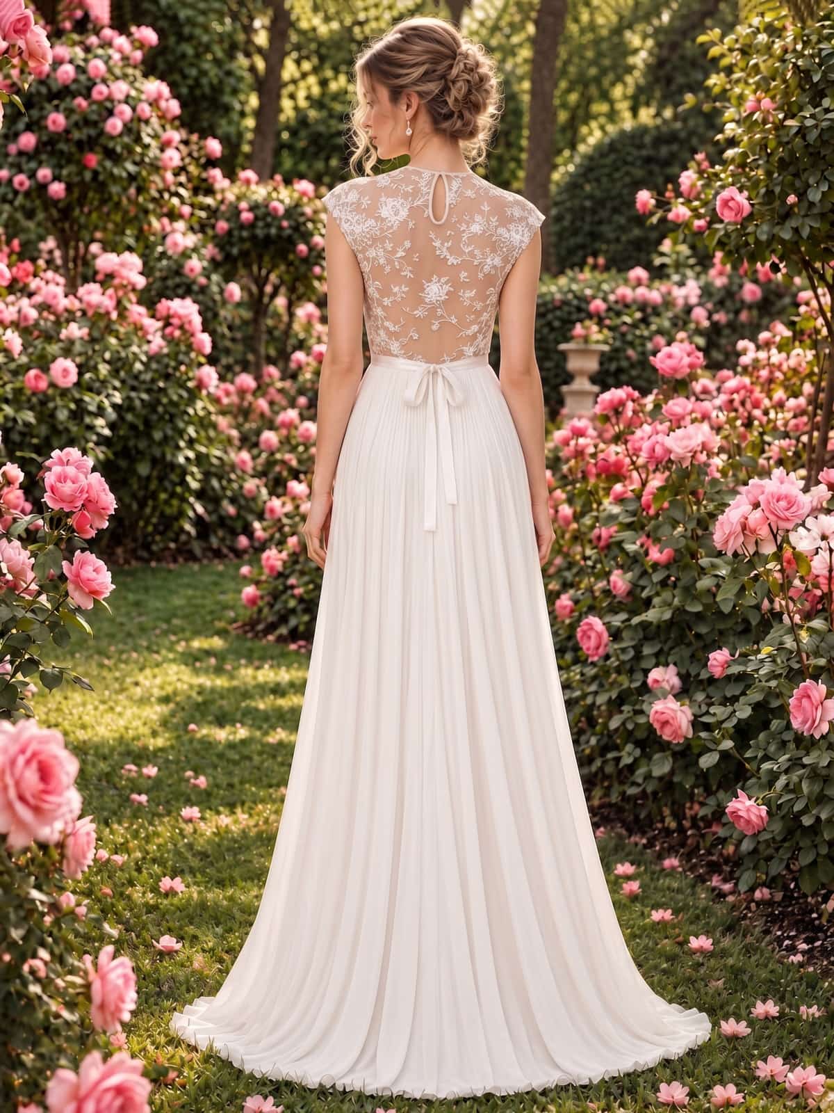 Floral lace floor-length mother of the bride dress with sheer embroidered back and center-back closure, back view.