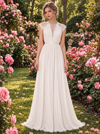 Floral lace A-line illusion floor-length mother of the bride evening dress with embroidered bodice and cap sleeves, front view.