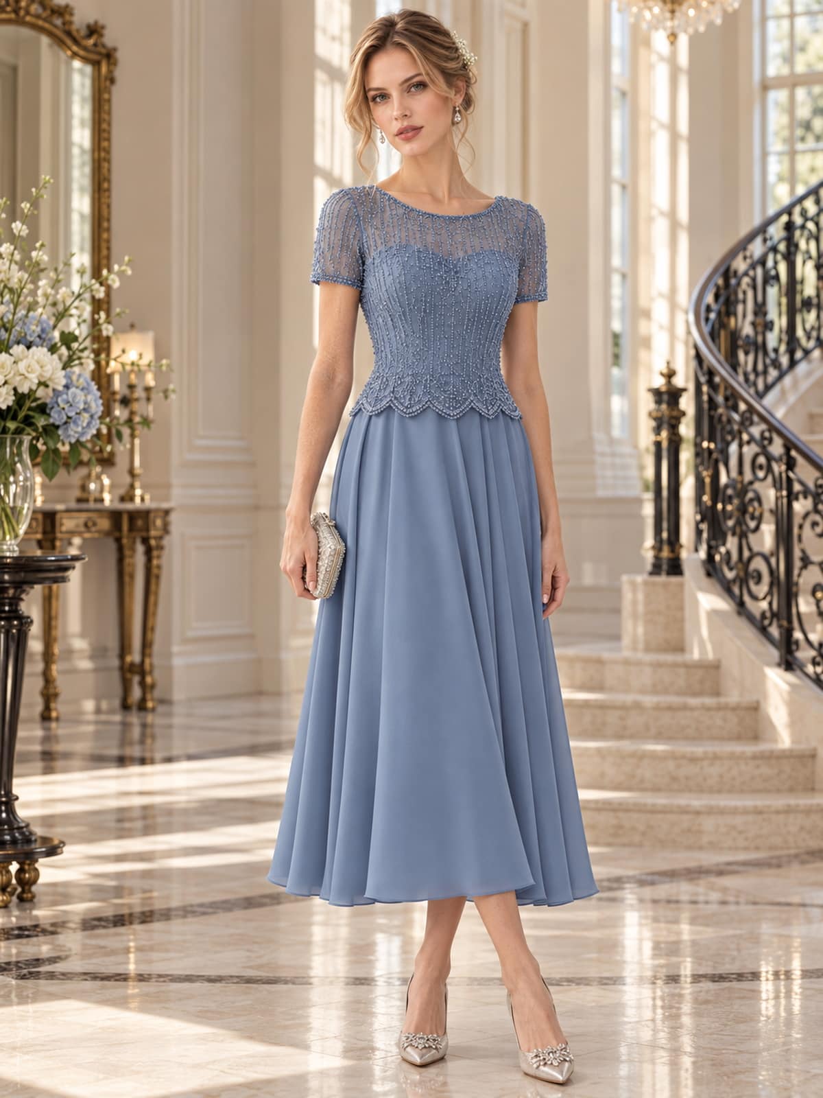 Floral beaded lace A-line midi mother of the bride evening dress with illusion neckline and scalloped waist, front view.