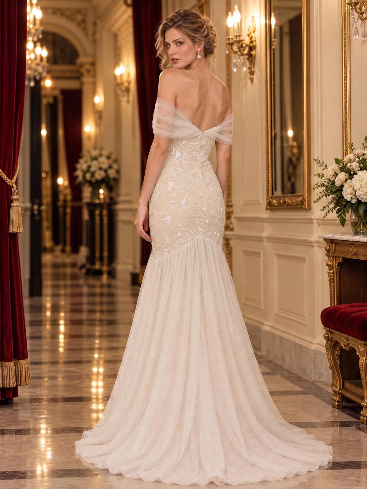 Floral lace mermaid mother of the bride dress with deep V-back, draped off-shoulder sleeves and sheer flared hem, back view.